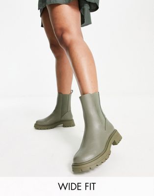 Shop Asos Design Wide Fit Alfie Chunky Chelsea Boots In Khaki-green