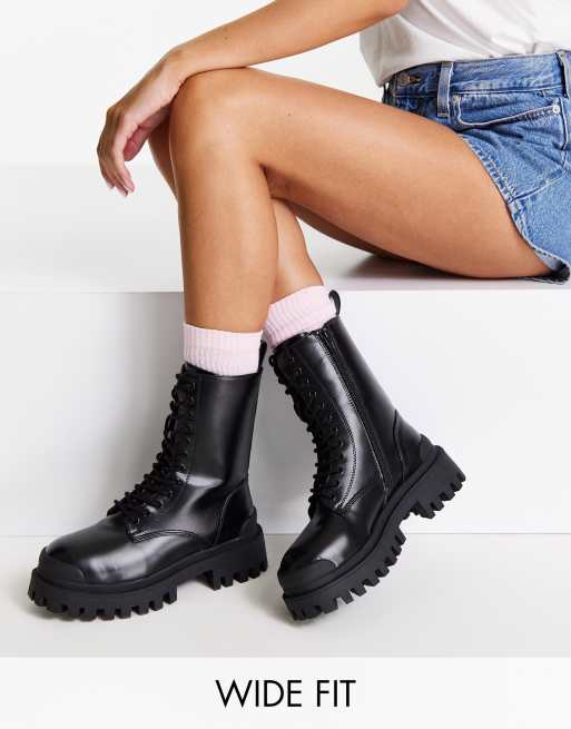 ASOS DESIGN Wide Fit - Algebra - Sorte chunky snørestøvler