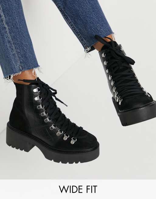 ASOS DESIGN Wide Fit Alison premium leather hiker boots in black