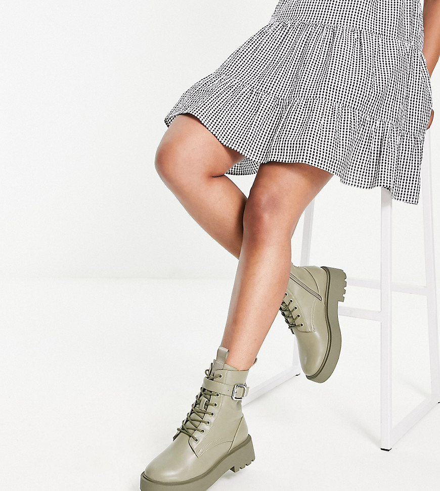 Asos Design Wide Fit Alix Chunky Lace-up Ankle Boots In Khaki-green