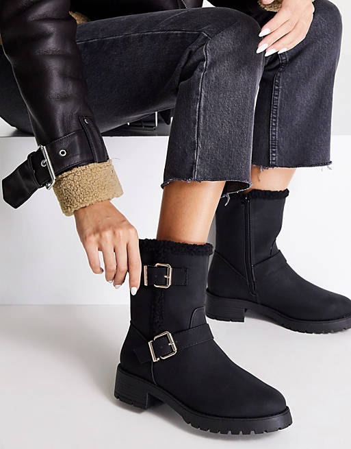 ASOS Wide Fit Amber Pull On Hiker Boots in Black Womens Shoes Boots Ankle boots 