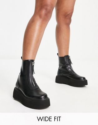 ASOS DESIGN Wide Fit Amsterdam chunky zip front ankle boots in black | ASOS