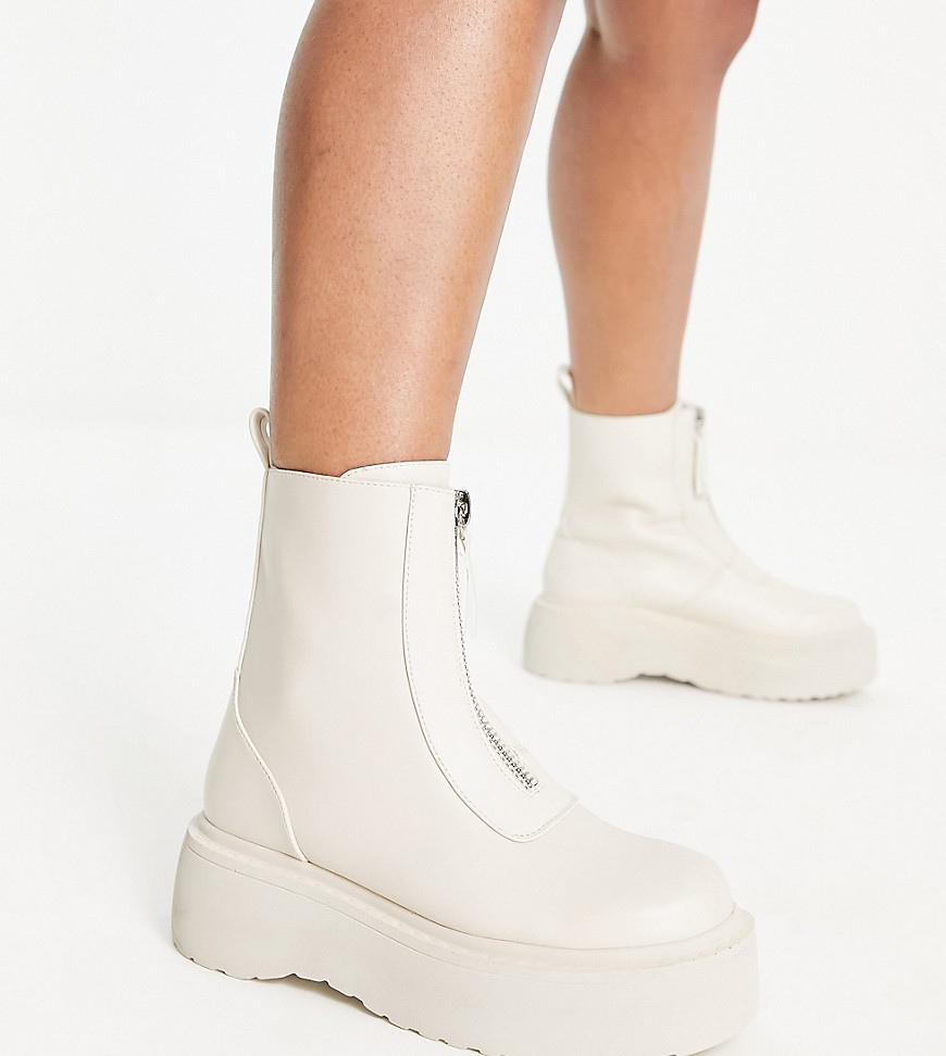 ASOS DESIGN Wide Fit Amsterdam chunky zip front ankle boots in off white-Neutral