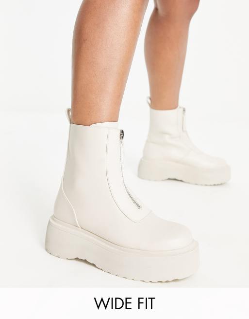 ASOS DESIGN Wide Fit Amsterdam chunky zip front ankle boots in off white