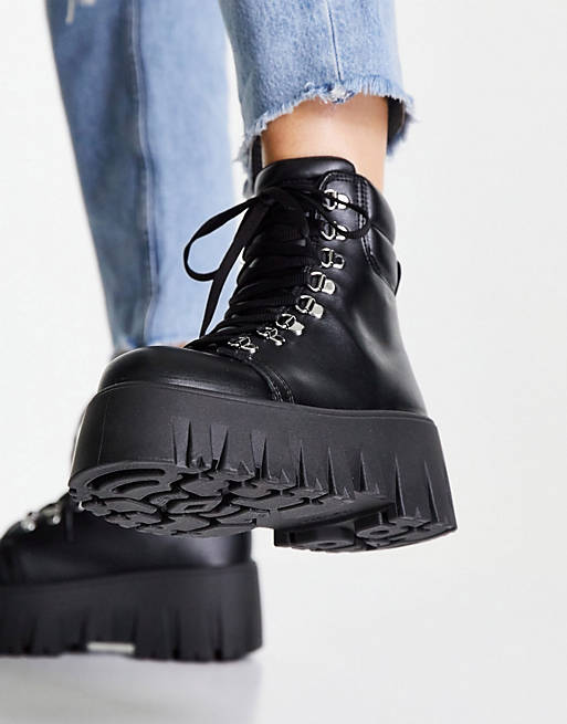 Womens Shoes Boots Ankle boots ASOS Wide Fit Anastasia Chunky Hiker Lace Up Boots in Black 