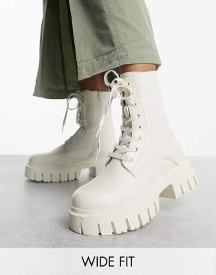 Asos Design Wide Fit Anchor Chunky Lace Up Boots In Off-white