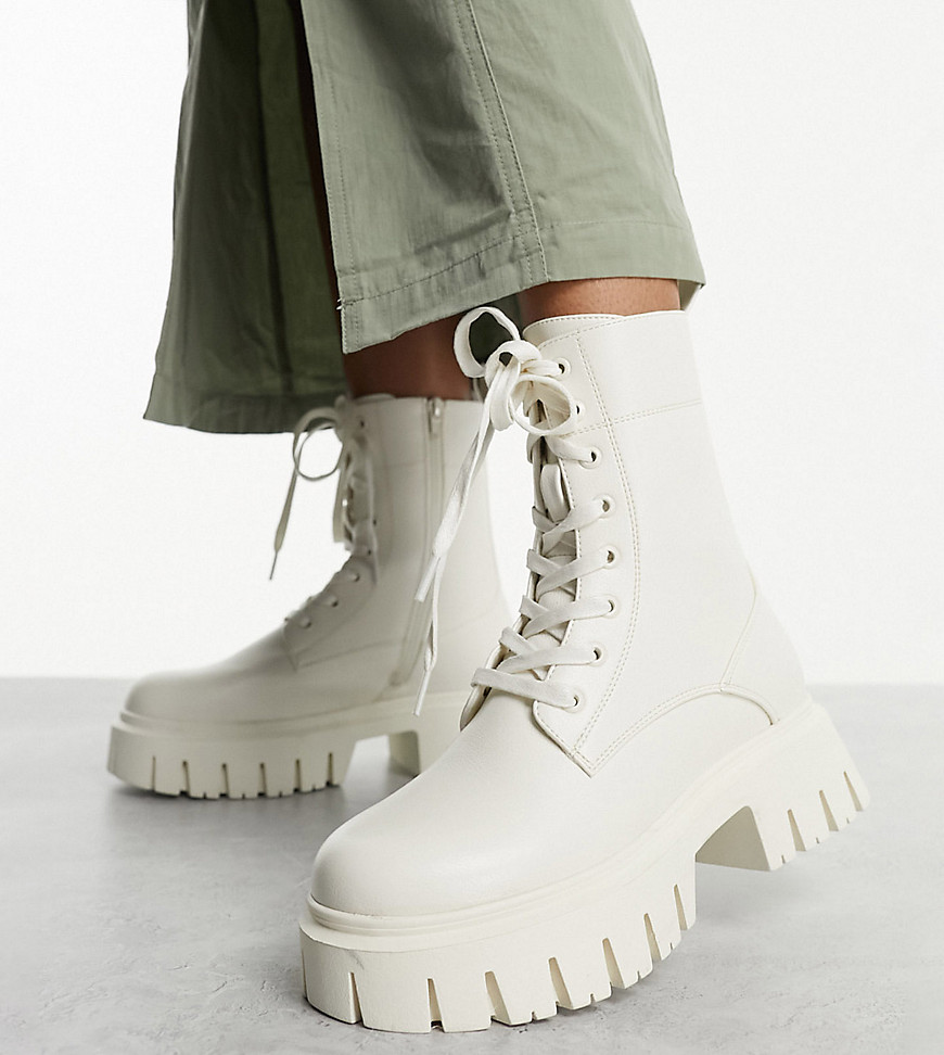 Asos Design Wide Fit Anchor Chunky Lace Up Boots In Off-white
