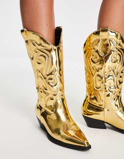 ASOS DESIGN - Wide Fit - Andi - Flade cowboy-knæstøvler i reflekterende guldfarve, 3 af 4