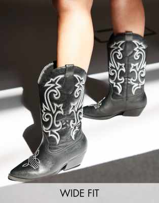 Wide Fit Andi Flat Western Boots In Black