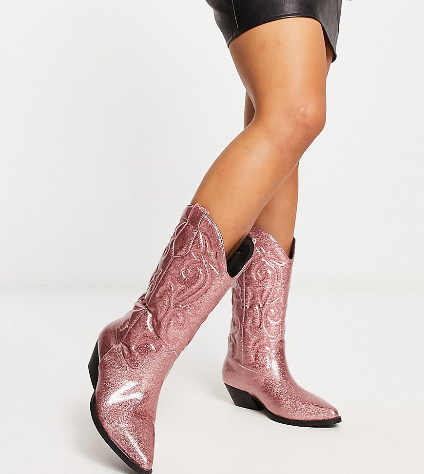 Asos Design Wide Fit Andi Flat Western Boots In Pink Glitter
