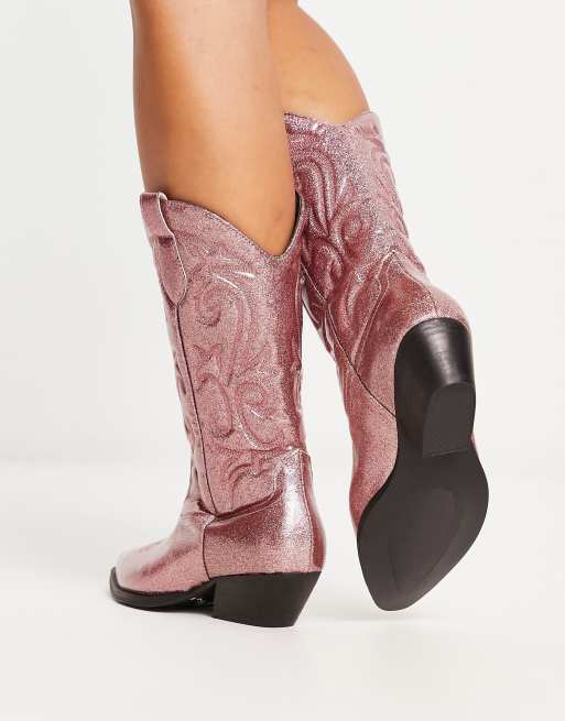 ASOS DESIGN Wide Fit Andi flat western knee boots in pink glitter