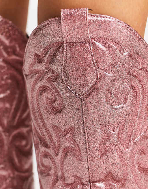 ASOS DESIGN Wide Fit Andi flat western knee boots in pink glitter, 3 of 4