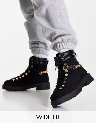 ASOS DESIGN Wide Fit Arabelle chain trim hiker boots in black
