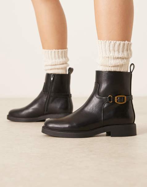 ASOS DESIGN Wide Fit Archie flat smart ankle boots with buckle in black - view 1