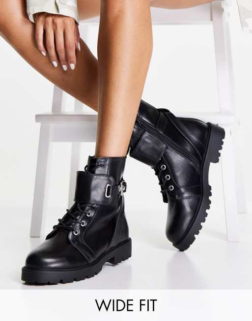 ASOS DESIGN Wide Fit Aria lace up hardware boots in black