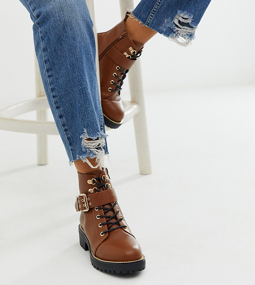 ASOS DESIGN Wide Fit Armour chain lace up boots in tan