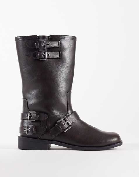ASOS DESIGN Wide Fit - Asher - Brune flade og polerede bikerstøvler - view 1