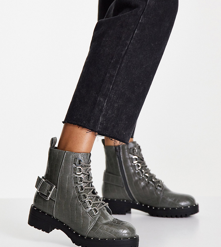 ASOS DESIGN Wide Fit Aura lace up hiker boots in gray croc-Grey