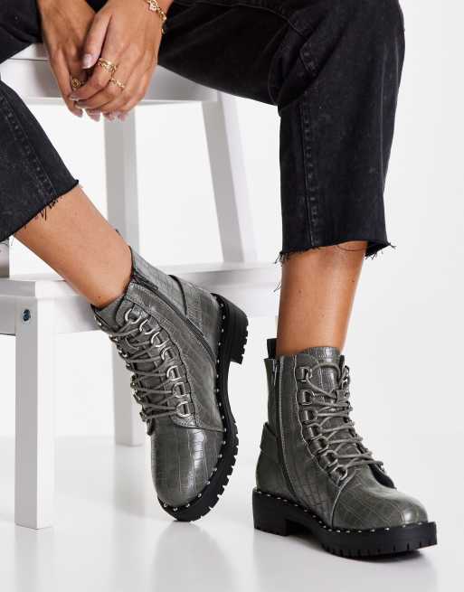 ASOS DESIGN Wide Fit Aura lace up hiker boots in grey croc