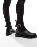 [ASOS DESIGN Wide Fit] ASOS DESIGN Wide Fit Aurora flat boots with buckle strap in black 3 BLACK