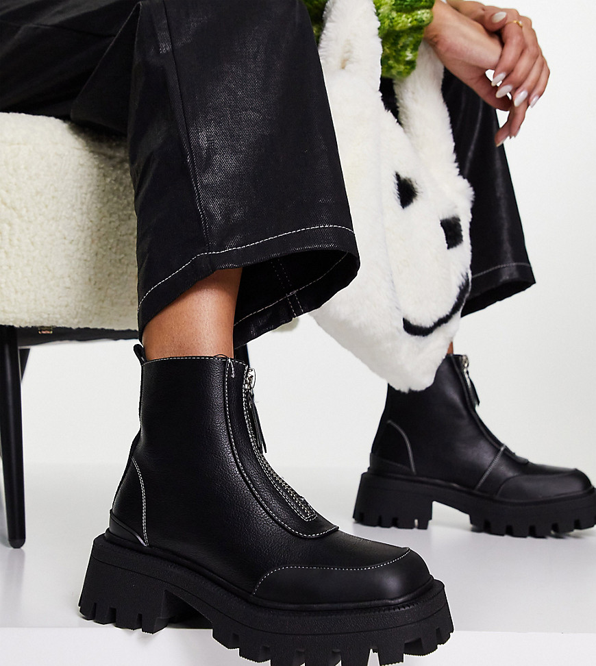 ASOS DESIGN Wide Fit Autumn square toe front zip boots in black