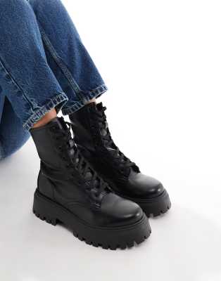 Asos Design Wide Fit Anchor Chunky Lace Up Boots In Black In Black
