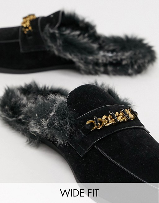 ASOS DESIGN Wide Fit backless mule loafer in black velvet with faux fur insock and hardware detail