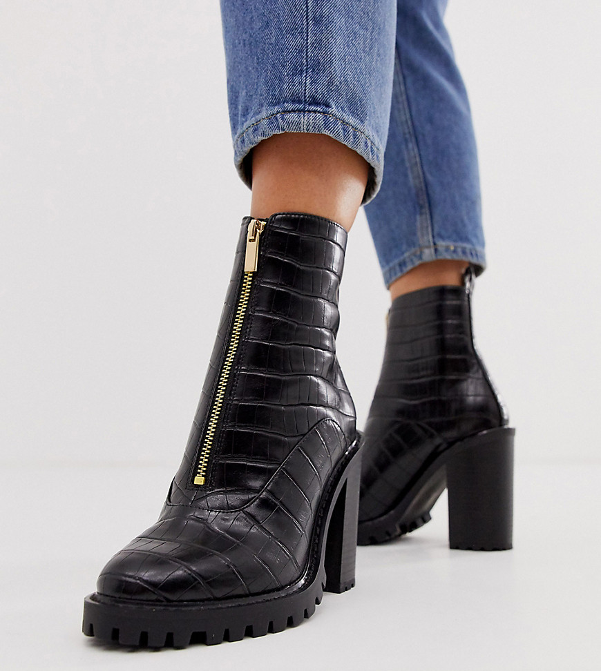 ASOS DESIGN Wide Fit Bella front zip chunky boots in black croc