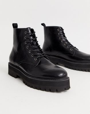 asos design lace up boots in black leather with chunky sole