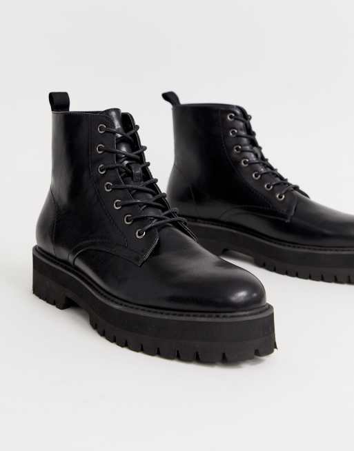 Asos design lace up boots sale in black leather with chunky sole