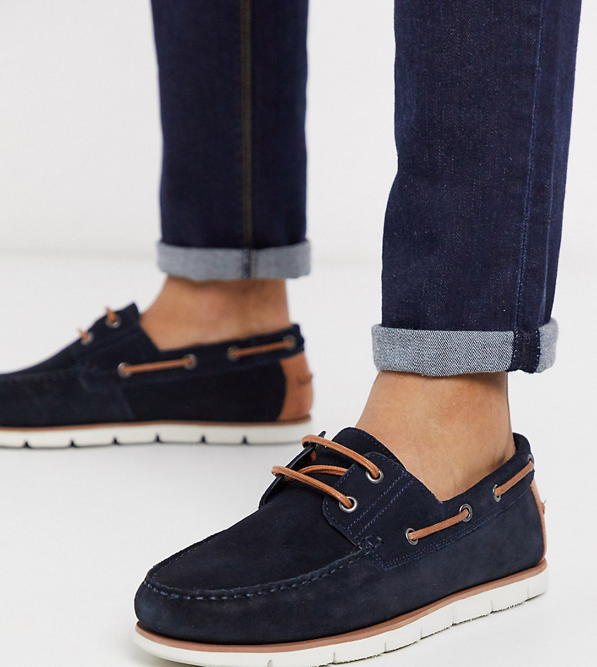 ASOS DESIGN Wide Fit boat shoes in navy suede with white sole