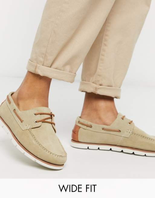 ASOS DESIGN Wide Fit boat shoes in stone suede with white