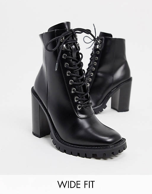 ASOS DESIGN Wide Fit Bobbie lace up heeled boots in black