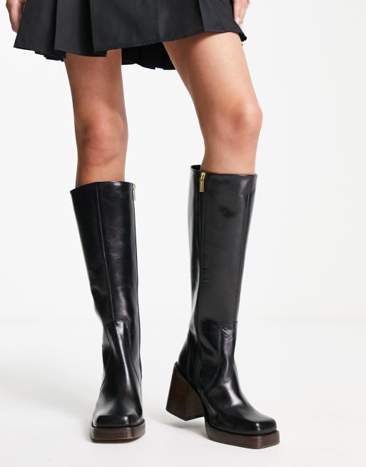 ASOS DESIGN Wide Fit - Bottes en cuir effet craquelé à talon mi-haut - Noir, 2 de 4