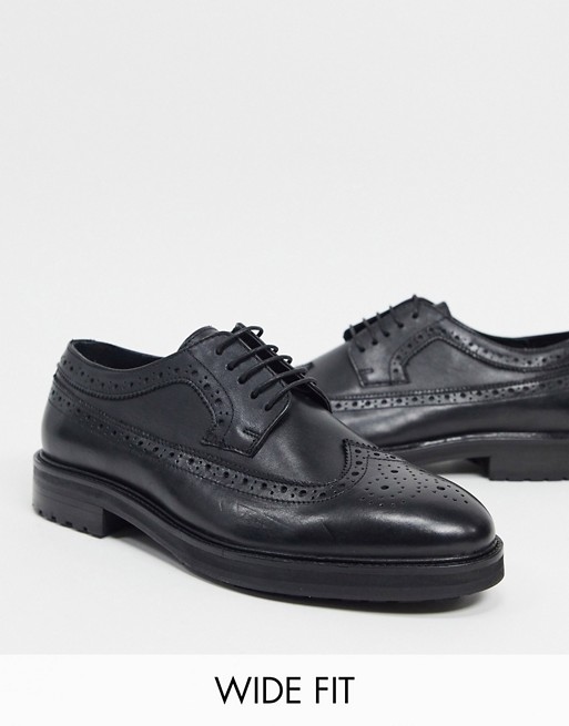 ASOS DESIGN Wide Fit brogue shoes in black leather with chunky sole