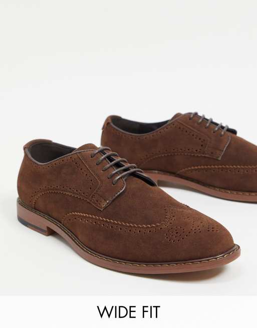 Asos Design Wide Fit Brogue Shoes In Brown Faux Suede Asos 6518