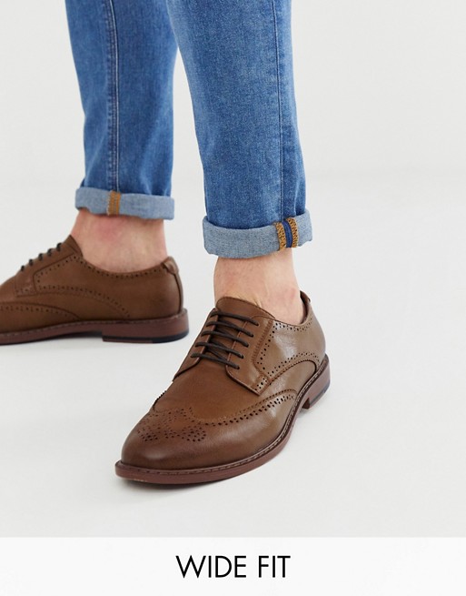 ASOS DESIGN Wide Fit brogue shoes in tan faux leather