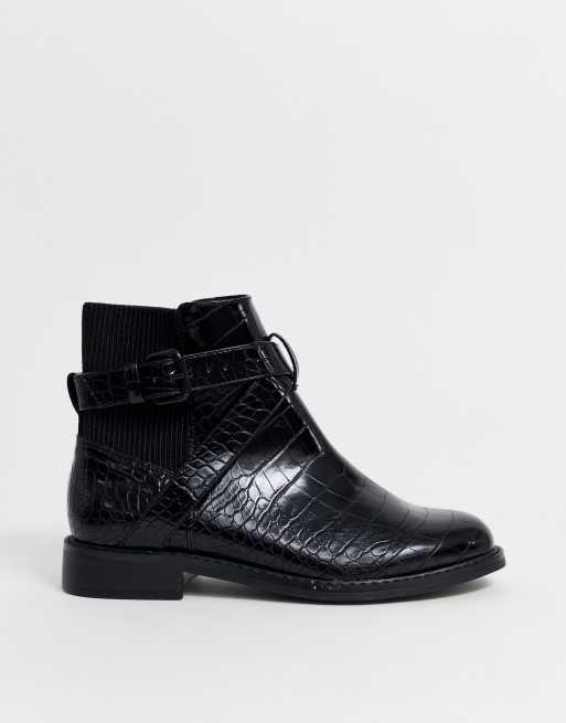 Black croc discount ankle boots flat