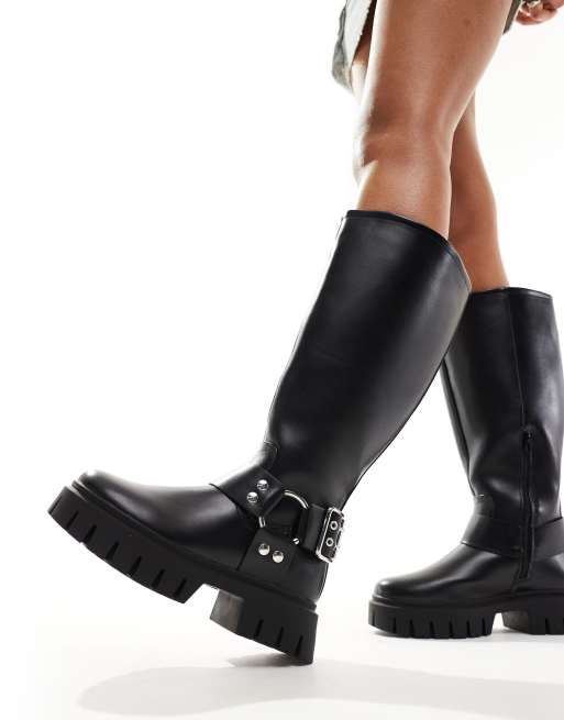 ASOS DESIGN Wide Fit Cady knee high harness biker boots in black