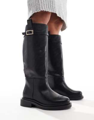 ASOS DESIGN Wide Fit - Callie - Elegante, flache, kniehohe Reitstiefel in Schwarz, weite Passform