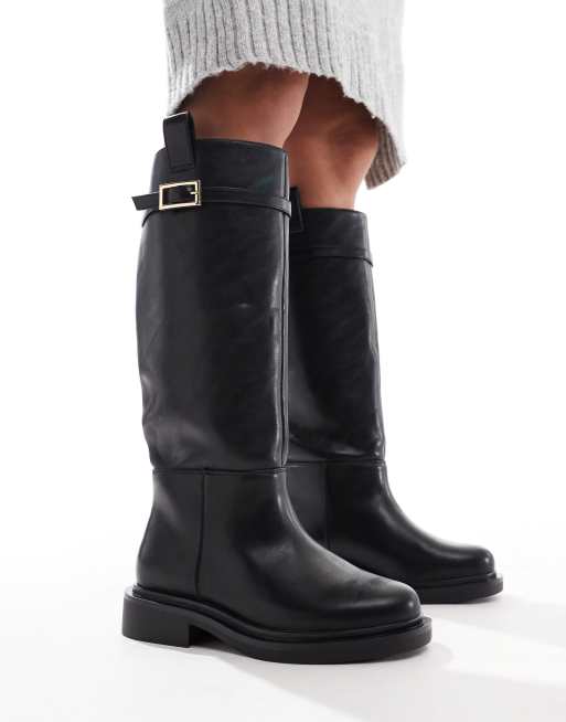 ASOS DESIGN Wide Fit Callie smart flat riding knee boots in black ASOS