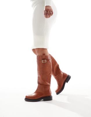 Wide Fit Callie smart flat riding knee boots in tan-Brown