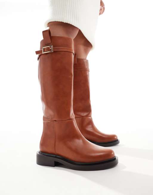 ASOS DESIGN Wide Fit Callie smart flat riding knee boots in tan ASOS