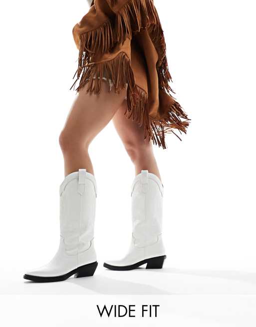 ASOS DESIGN Wide Fit – Camden – Białe buty kowbojskie do kolan, na płaskim obcasie