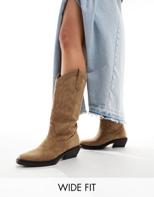Asos Design Wide Fit Camden Flat Western Knee Boots In Taupe-neutral