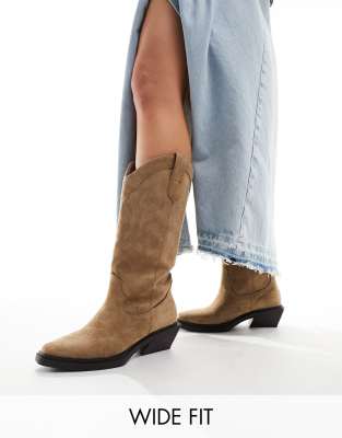 ASOS DESIGN ASOS DESIGN Wide Fit Camden flat western knee boots in taupe-Neutral