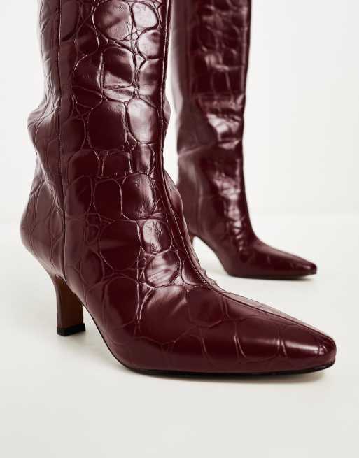 ASOS DESIGN Wide Fit Campbell pull on knee boots in burgundy