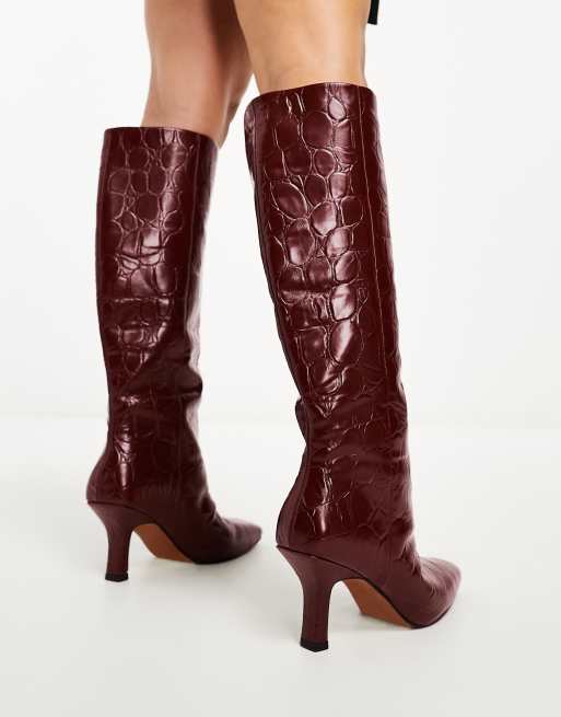 ASOS DESIGN Wide Fit Campbell pull on knee boots in burgundy