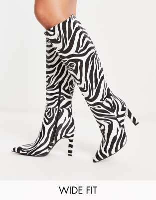 Asos Design Wide Fit Cancun Knee-high Boots In Zebra-multi