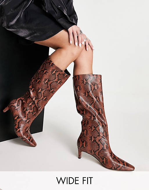 Women Boots/Wide Fit Candid pull on mid-heeled kee boots in tan snake 